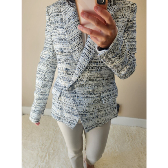 New L'AGENCE Kenzie Double Breasted Tweed Sequins Blazer Sz 2 White Blue #1K454 - Picture 1 of 14